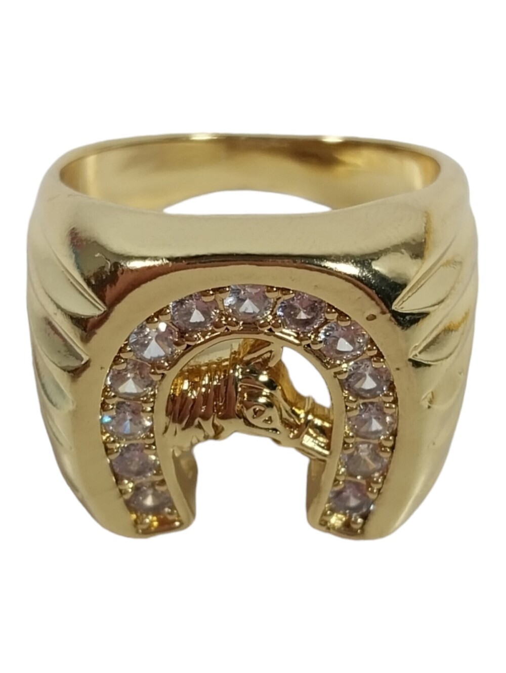 Gold electroplated Western Horse Ring Cubic Zirconia Horseshoe Mens sz 12
